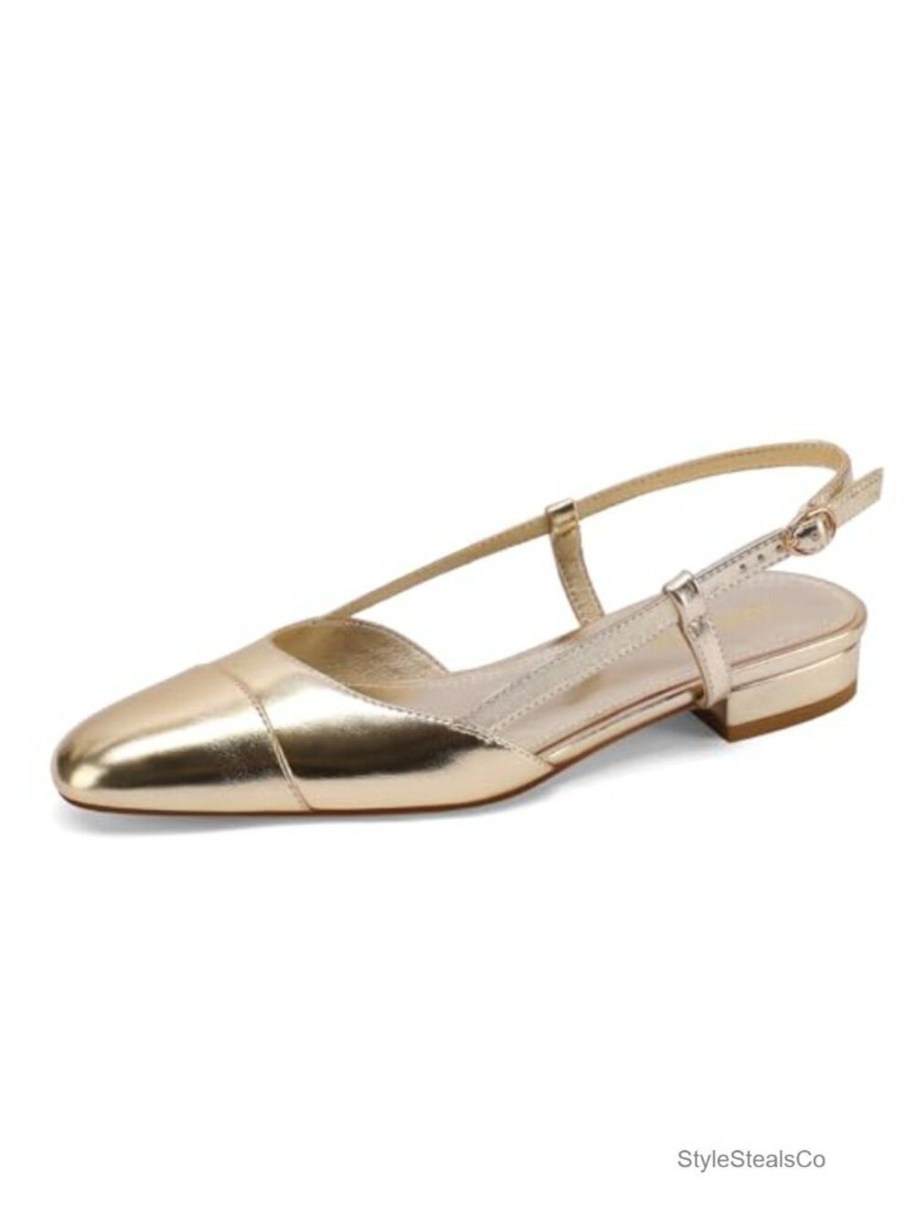 Slingback Flats Two-Toned Double Strap Block Heel Cap Toe Faux Leather